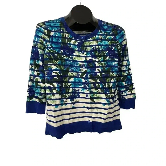 Talbots Floral Striped Cardigan Sweater Blue and White MEDIUM - Picture 1 of 7